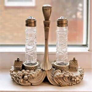 Nautical Style Pewter Salt & Pepper Shakers Set with Glass Bottles